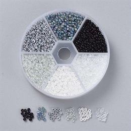 Seed beads, sort/hvid/grå farvemix, 2mm, 1 æske